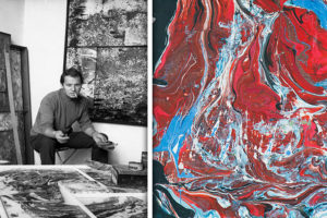 Romul Nuţiu in the studio, and his painting "Dynamic Universe"