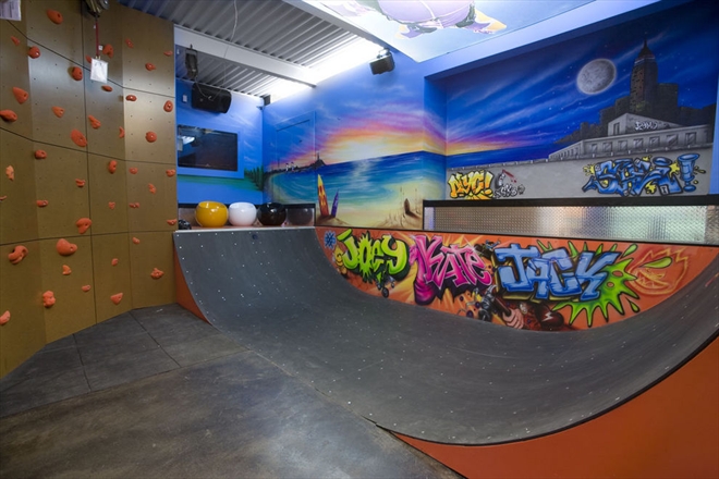 Halfpipe and climbing wall at the Sandcastle