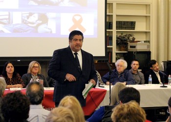 Addiction medicine specialist Dr. Shawn Cannon speaking at the Southampton Opioid Addiction Task Force meeting on Thursday