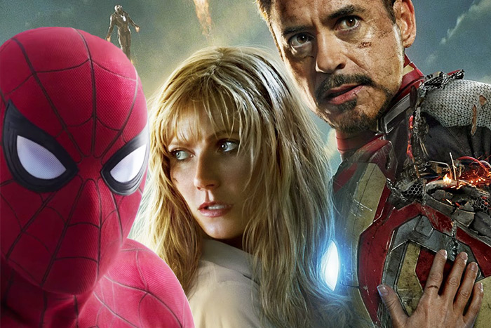 Gwyneth Paltrow as Pepper Potts with Tom Holland's Spider-Man and Robert Downey Jr. as Tony Stark
