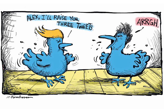 Trump vs. Alec Baldwin Twitter war cartoon by Mickey Paraskevas