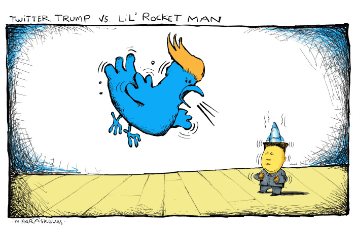Trump vs Kim Jong-un cartoon by Mickey Paraskevas