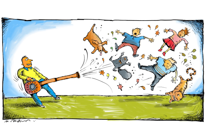 Leaf blower war cartoon by Mickey Paraskevas
