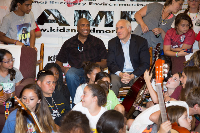 Former New York Yankee Bernie Williams and Brandon Steiner, of Steiner Sports at Camp Adventure