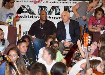 Former New York Yankee Bernie Williams and Brandon Steiner, of Steiner Sports at Camp Adventure