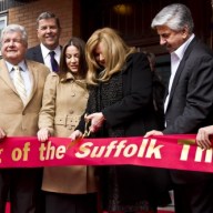 Theater owners Diane and Bob Castaldi cut the ribbon to the Suffolk Theater in downtown Riverhead