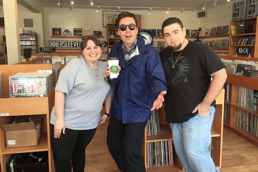 WEHM staff member Jaime Emerson, Jimmy Fallon and WEHM's Anthony.