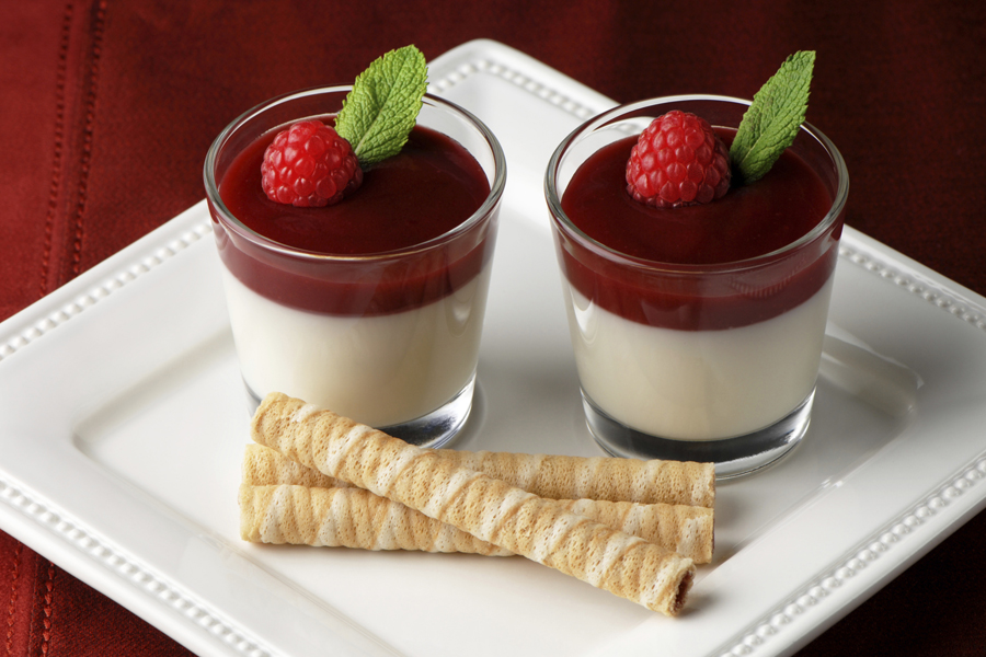 WHITE CHOCOLATE MOUSSE WITH RASPBERRY SAUCE