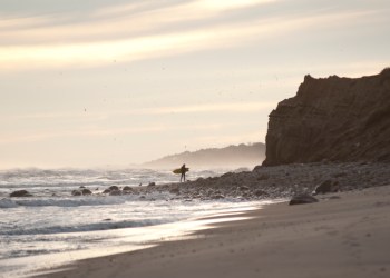 Surfer along coastline, The Hamptons, New York