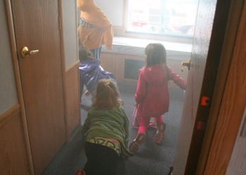 Southampton Elementary School students escape from a simulated smoke-filled room.