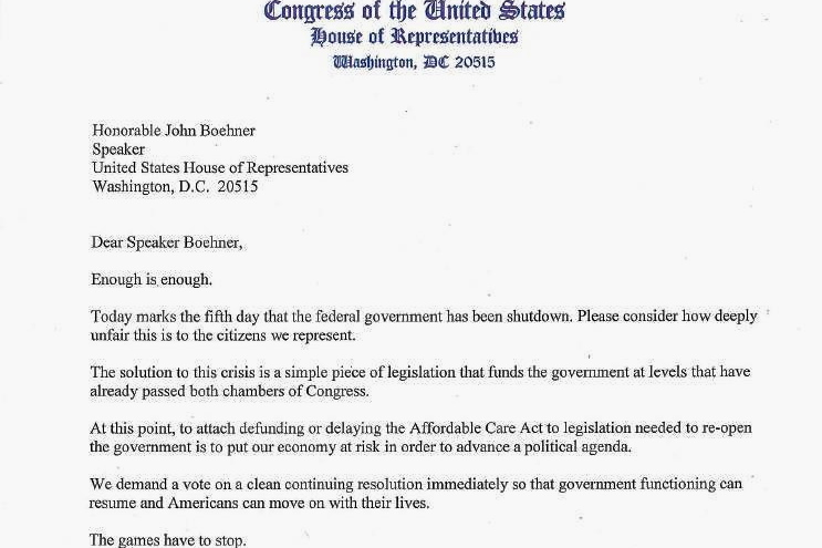 U.S. Rep. Tim Bishop's letter to House Speaker John Boehner.