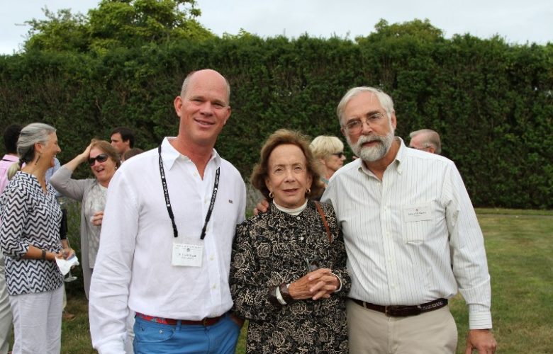 Peconic Land Trust treasurer and host Richard Hogan, honoree Barbara J. Slifka, and Peconic Land Trust President John v. H. Halsey