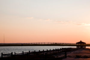 Gazebo and the Ponquogue Bridge at Sunrise.