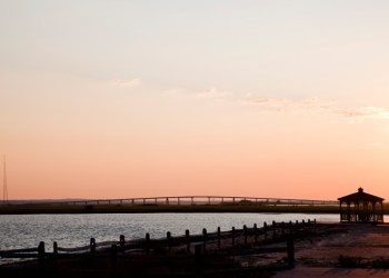 Gazebo and the Ponquogue Bridge at Sunrise.