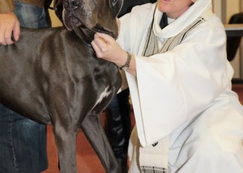  Jeffery of Water Mill brings his dog Fathom to get blessed.