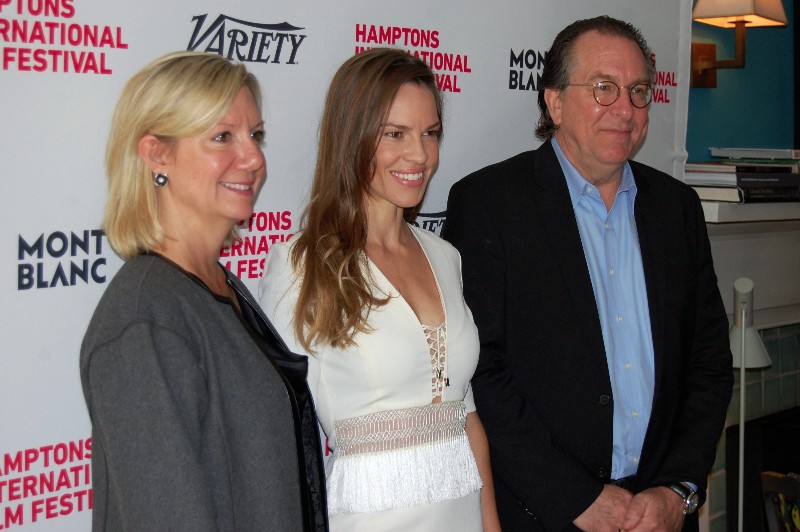 Hamptons International Film Festival executive director Anne Chaisson, Hilary Swank and Variety executive editor Steven Gaydos