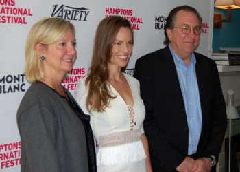 Hamptons International Film Festival executive director Anne Chaisson, Hilary Swank and Variety executive editor Steven Gaydos