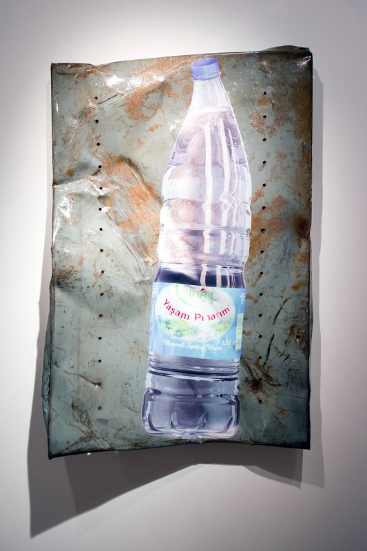Yung Jake's piece is a manipulated digital drawing on a found, repurposed metal panel.