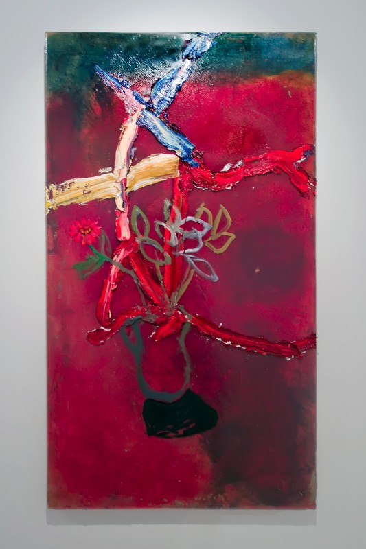 This vivid oil and resin work, "Red Zinnia" is a painting by Darius Yektai.
