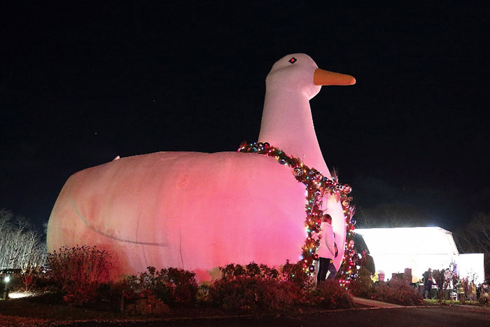 The Flanders Big Duck, decorated and lighted for the holidays.