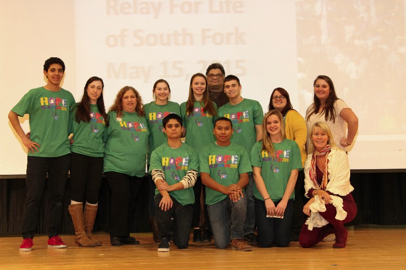 Southampton High School Key Club poses with Southampton Key Club advisor Peter Liubenov American Cancer Society Relay for Life specialist Stephanie Molkentin and cancer survivor and fighter teacher Heather Haux