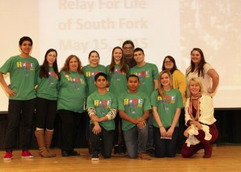 Southampton High School Key Club poses with Southampton Key Club advisor Peter Liubenov American Cancer Society Relay for Life specialist Stephanie Molkentin and cancer survivor and fighter teacher Heather Haux