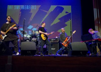 The Smithereens, lead guitarist Jim Babjak, Dennis Diken on drums, Pat DiNizio and special guest, keyboardist, Andy Burton, play Suffolk Theater in Riverhead in February 2015.