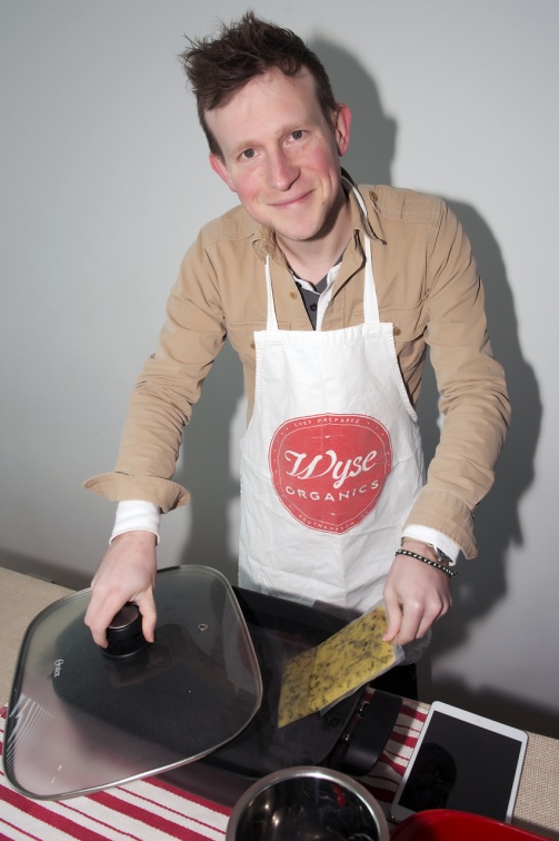 Aaron Mollet brought WYSE, tasty organic meals, seasonal and local, packaged and ready to eat, like the delicious kale and potato soup he offered for sampling.