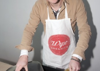 Aaron Mollet brought WYSE, tasty organic meals, seasonal and local, packaged and ready to eat, like the delicious kale and potato soup he offered for sampling.