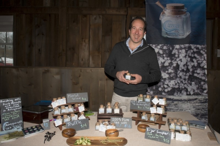 Bringing gifts from the ocean, Steven Judelson of Amagansett Sea Salt Co. offered his family's beautifully crafted selected of sea salts.