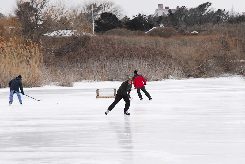 Ice hockey on Old Town Pond in Southampton Village.