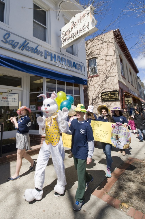 Katie Bucking playing, Peter Cotton Tail on her flute, along with the Easter Bunny himself, lead the parade up Main Street to the Sag Harbor Garden Center where a petting zoo and lots of treats awaited one and all.