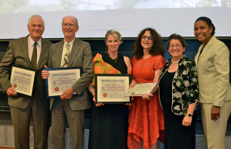 From left to right: State Assembly man, Steve Englebright; Phil Palmedo, Honoree; Liz Fish, Daughter of Vinnie Fish (Former Director of Gallery North); Judith Levy, Director of Gallery North; Nancy Goroff, Gallery North President and Valerie M. Cartr