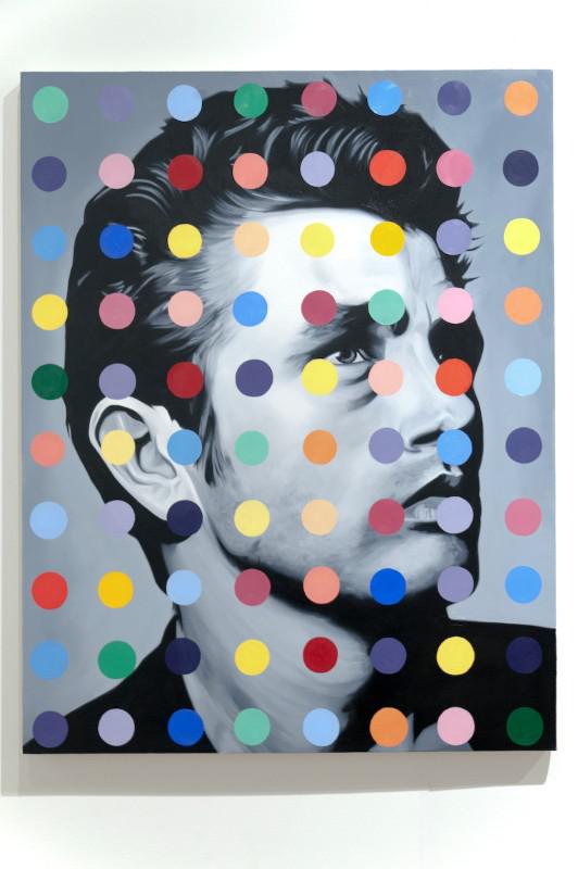 Artist John Grand interpreted an image of James Dean in a new light behind multi-colored dots.
