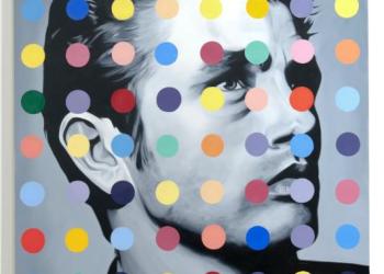 Artist John Grand interpreted an image of James Dean in a new light behind multi-colored dots.

