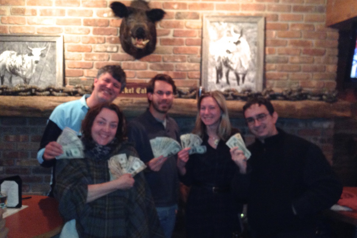 Dan K, Stacy, Brendan, Kelly and Lee defeated 20 teams to win Quiz Night at Townline BBQ on January 8.