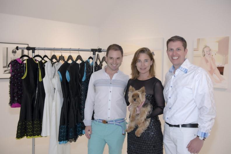 SigmNYC designer Pedro Juan Ramirez with model Sheila Delaney and her yorkie, Twiggy with Michael Kernerlian at Ille Art gallery and their trunk show of fine and fun fashions.