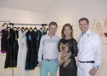 SigmNYC designer Pedro Juan Ramirez with model Sheila Delaney and her yorkie, Twiggy with Michael Kernerlian at Ille Art gallery and their trunk show of fine and fun fashions.