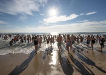 And there they go! heading into the warmer-than-air Atlantic Ocean for this year's unseasonably warm December Southampton Polar Bear Plunge.