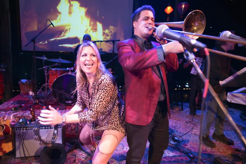 Clark Gayton and his trombone deliver a rousing rendition of "Oh Mary Don't You Weep No More," with Richard Rosch on drums, Brett King on bass, Neil Surreal on keyboard and Nancy Atlas center stage.