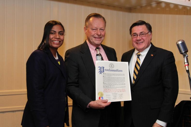 Town of Brookhaven Councilwoman Valerie Cartright, Ward Melville Heritage Organization chairman Dr.Michael Rugen, Brookhaven Town Supervisor Edward Romaine
