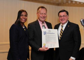 Town of Brookhaven Councilwoman Valerie Cartright, Ward Melville Heritage Organization chairman Dr.Michael Rugen, Brookhaven Town Supervisor Edward Romaine