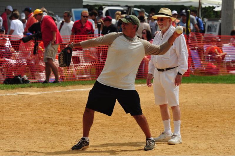 John Franco pitching with Dan Rattiner as the ump.