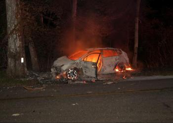 This car was found ablaze after hitting a tree on Northwest Road shortly after midnight in East Hampton on Monday, September 19