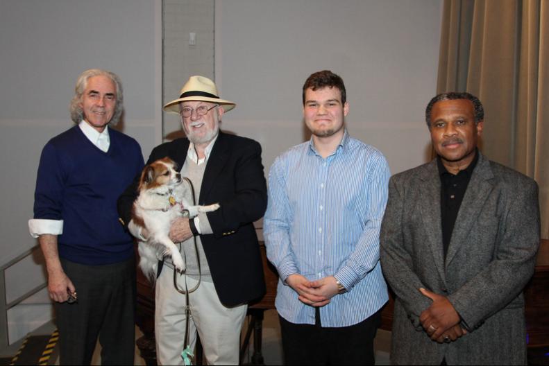 January guest readers Michael Golub, Dan's Papers founder Dan Rattiner with Bella, Nick Knap, William Hill