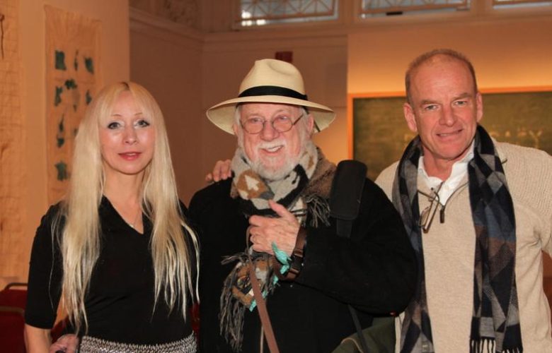 Dan's Papers founder Dan Rattiner poses with two of the readers from the evening, Natalia Chapel-Fitzsimons and David Fitzsimons