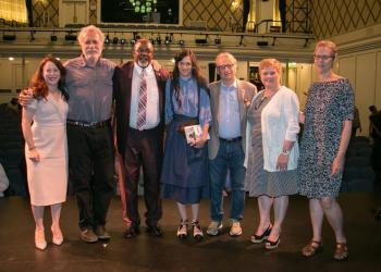 Innocence Project's Rebecca Brown, Peter Neufeld, and exoneree Calvin Johnson, photographer Taryn Simon, IP's Barry Scheck, Guild Hall director Christina Strassfield and IP's Maddy de Leon