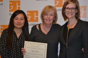 Guest Juror Connie H. Choi with Best Representational Work artist Kathleen Ullman and Guild Hall Curatorial Assistant Casey Dalene