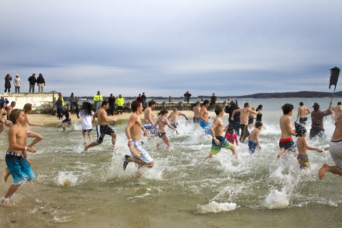 Dozens of East Enders took the plunge into the frigid waters of Founder's Landing in Southold on Saturday to raise money for Maureen's Haven.