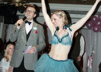 Auctioneer Lucas Hunt and model Mary Sabo, wearing 